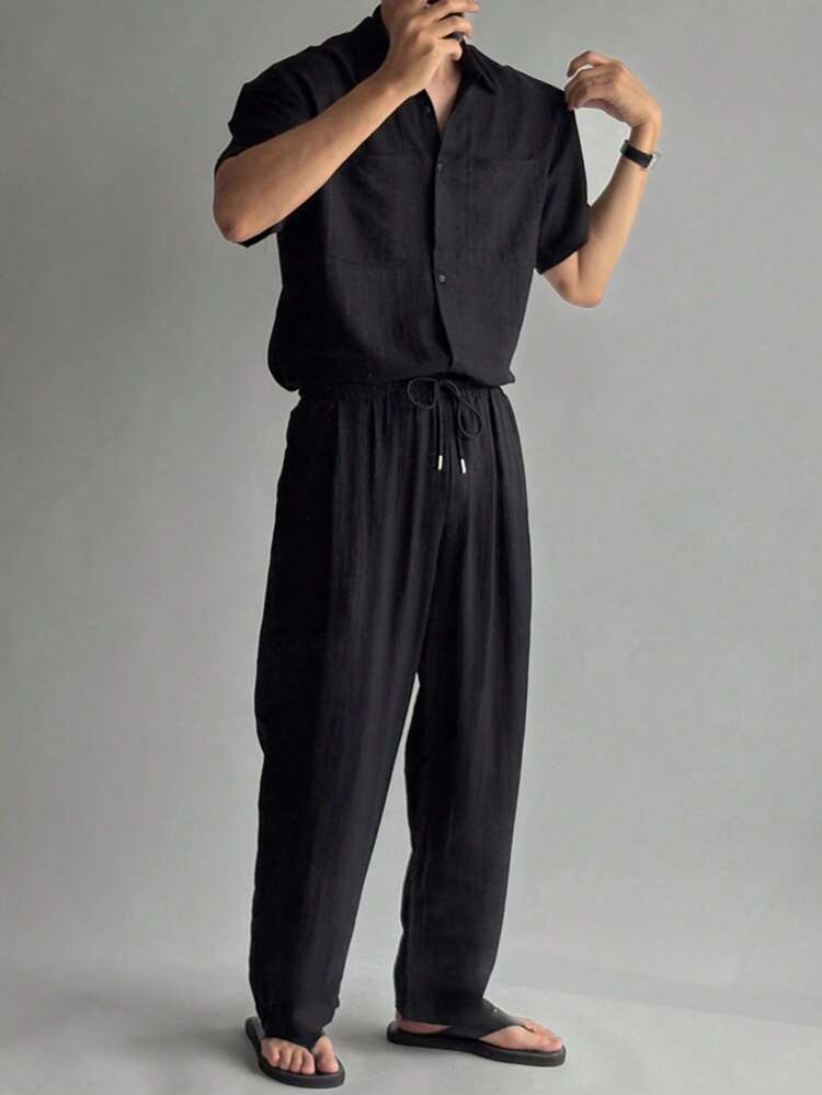 Men's Black Short Sleeve Shirt And Pants Set