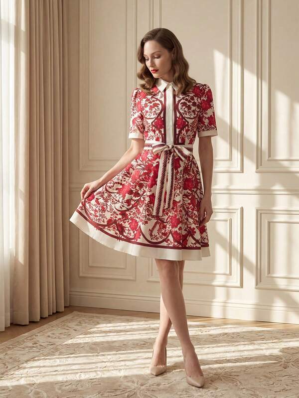 Suri Mira Vestido mini de línea A con estampado floral, cuello de camisa, manga corta y cintura con lazo, para uso casual de vacaciones, primavera/verano para mujer