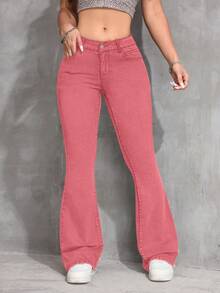 SHEIN ICON Plus Size Women Blue Denim Elastic Fitted Retro Versatile Flare Pants, Cowgirl Rodeo Outfits - Pink - View 6