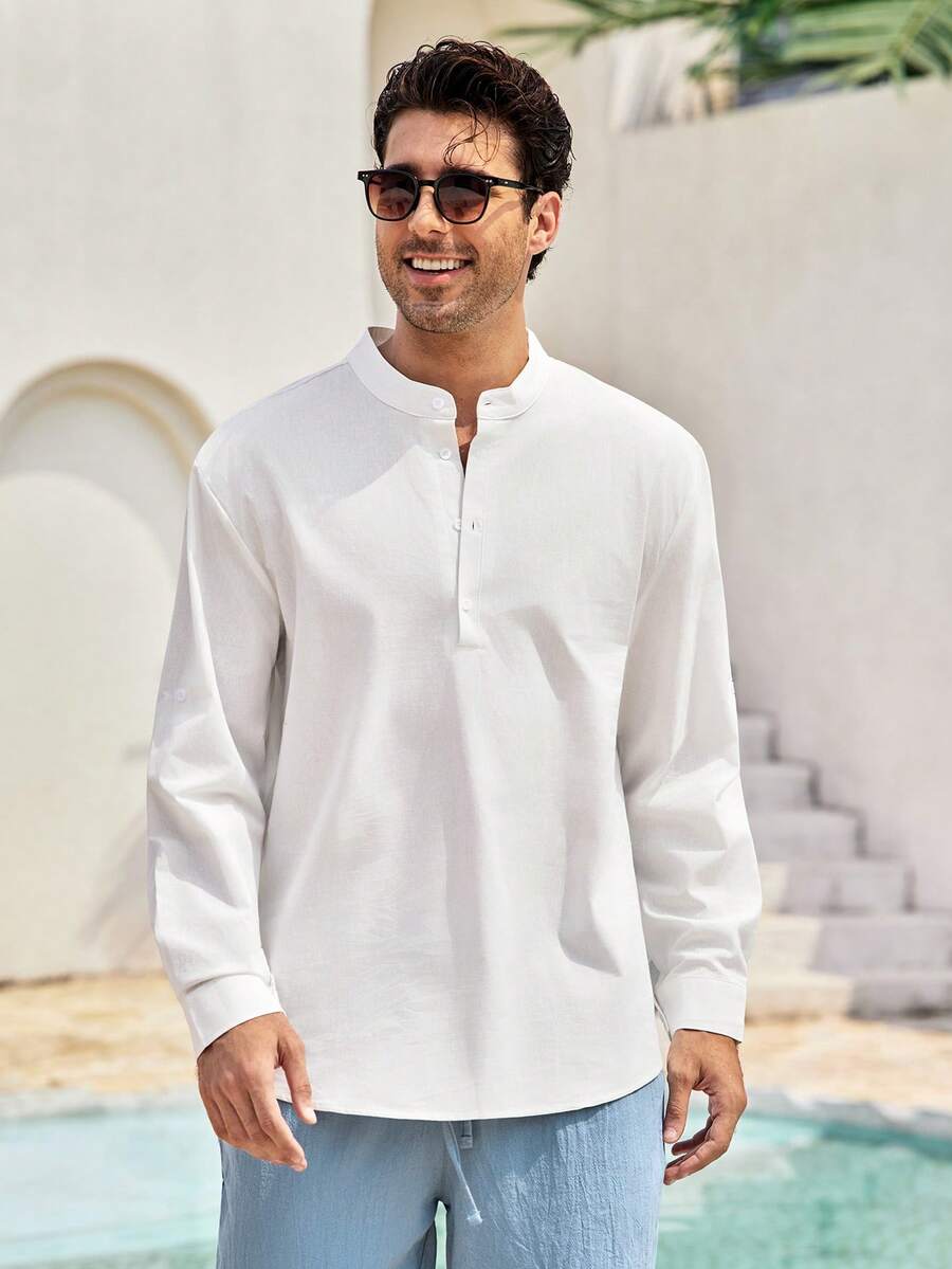 Mercer Haus Men's Vintage Coin Pattern Solid Color Roll-Up Sleeve Mandarin Collar Henley Shirt - Lightweight Breathable, Versatile Casual Style For All Seasons - White - View 1