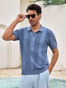 Mercer Haus 男士浅蓝色针织高尔夫上衣，翻领设计，纯色条纹款式，适合在夏威夷享受夏季热带假期。 - 霧霾藍 - 查看 5