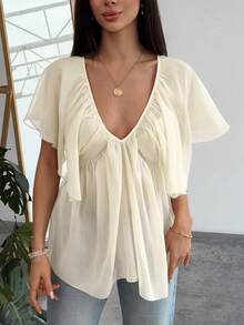 Aloruh Áo kiểu nữ màu trơn cổ chữ V sâu, kiểu dáng lãng mạn với bèo nhún ở gấu áo. - Màu be - Xem 5