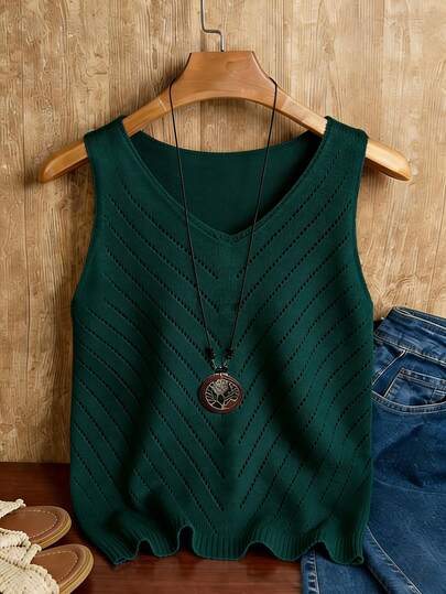 Franclia 大码女式镂空V领纯色针织无袖毛衣背心，春夏休闲时尚上衣