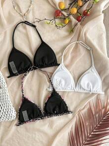 SHEIN Bộ bikini 3 mảnh họa tiết da báo và trắng/đen trơn dành cho bé gái tuổi teen, thích hợp cho kỳ nghỉ. - Nhiều màu - Xem 3