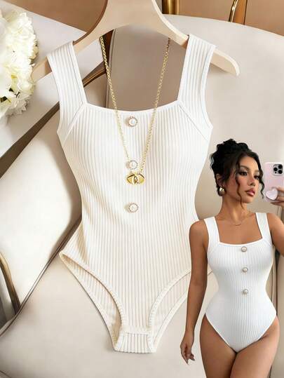 GlowEve Women's Solid Color Button Design Bodysuit, Suitable For Beach Vacation In Summer