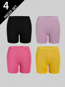 4pcs/Set Girls' Black Solid Color Minimalist Comfortable Tight Shorts & Leggings - Multicolor - View 3