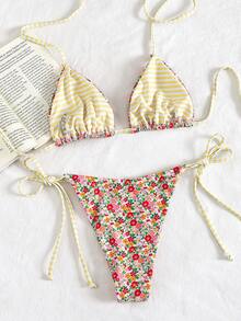 Swim Mod Biquíni de duas peças com estampa floral e listras em contraste, perfeito para férias de primavera/verão na praia, em estilo campestre francês. - Multicolorido - Ver 2