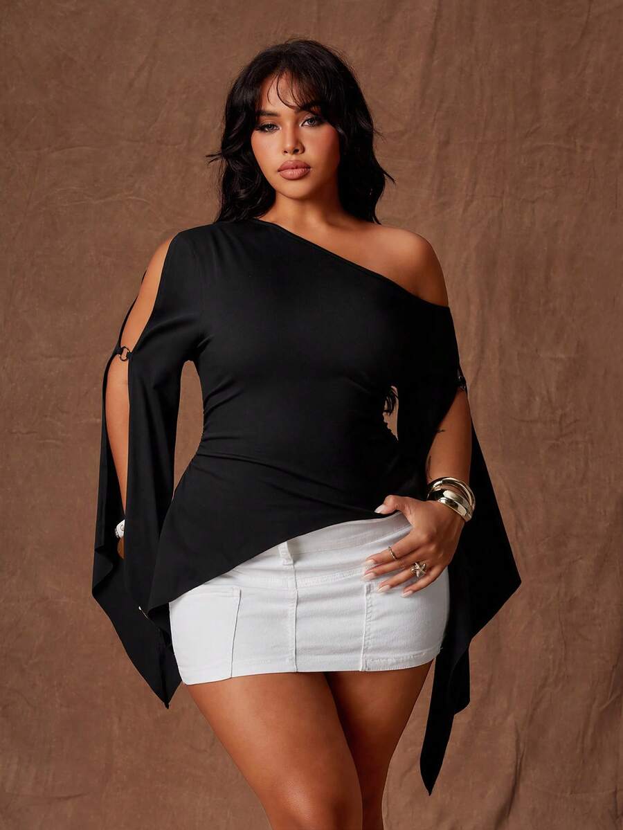 Rustia Plus Size Fashion One-Shoulder Hollow Out Flare Sleeve Top Fall - Black - View 1