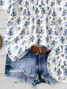 Franclia Plus Size Women Floral Print Short Sleeve Button Design Casual Shirt Women's Summer Outfits Boho Outfit For Women Ootd Outfit For Women Casual Summer Outfits For Woman Blouse For Women - White - View 5