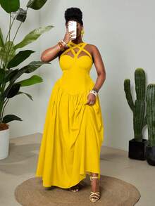 Maweii Đầm dáng suông không tay, dây mảnh, cổ lệch vai, không tay, dành cho nữ cỡ lớn, thanh lịch và gợi cảm, thích hợp cho mùa xuân/hè. - Màu vàng - Xem 5