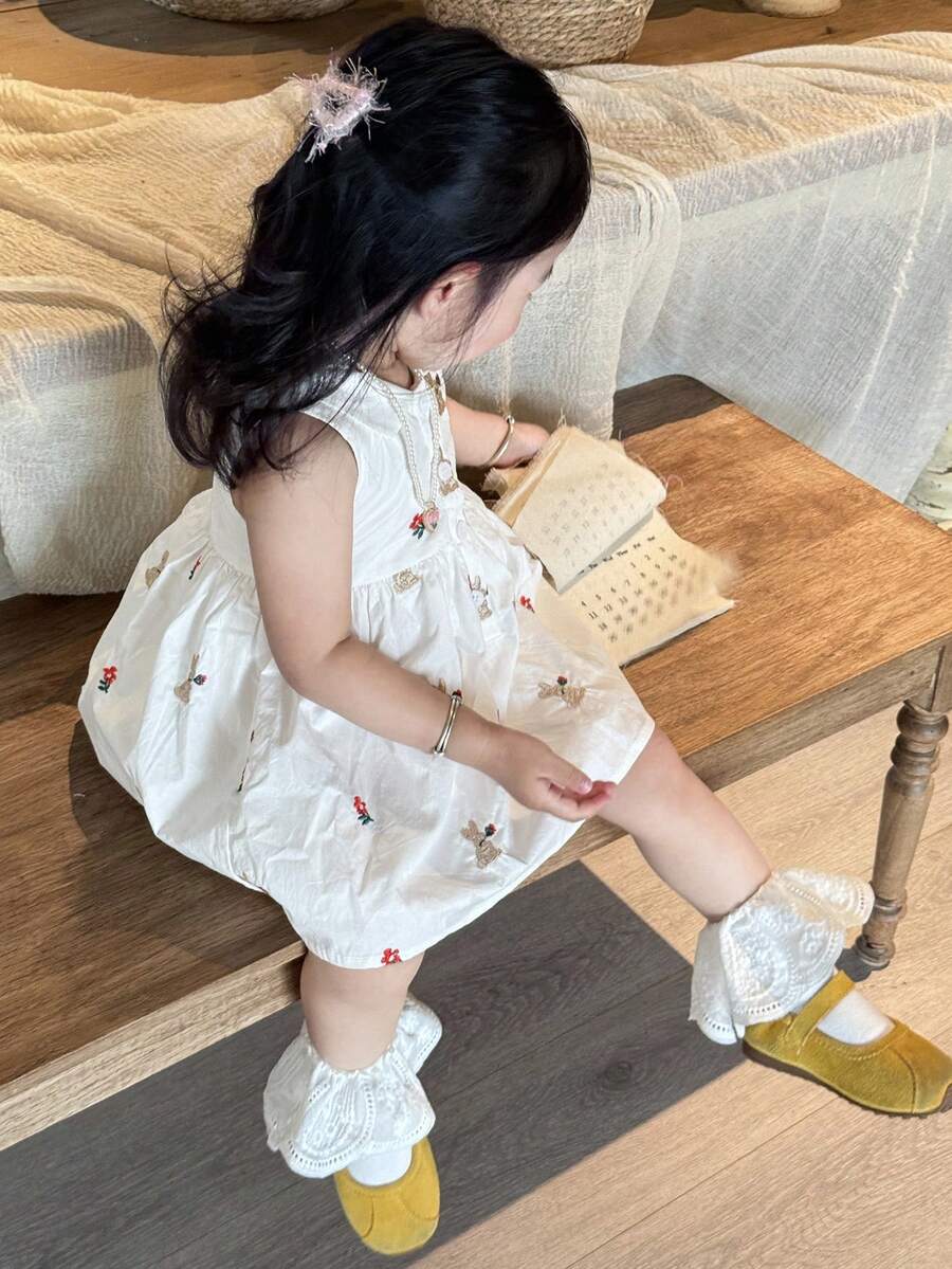 Dazy Kids Baby/Toddler Girls' Round Neck Embroidered Cartoon Cute Sleeveless Mid-Length Dress - White - View 1