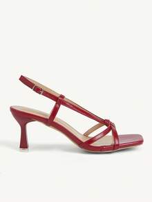 CUCCOO CHICEST Giày cao gót mũi vuông quai chéo màu nâu, giày dự tiệc, giày cưới, giày mùa xuân, giày cô dâu. - Đỏ - Xem 3