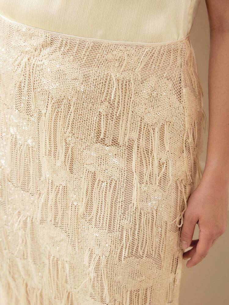 PLUS SIZE SEQUIN FRINGE SLIT SKIRT, SPRING/SUMMER