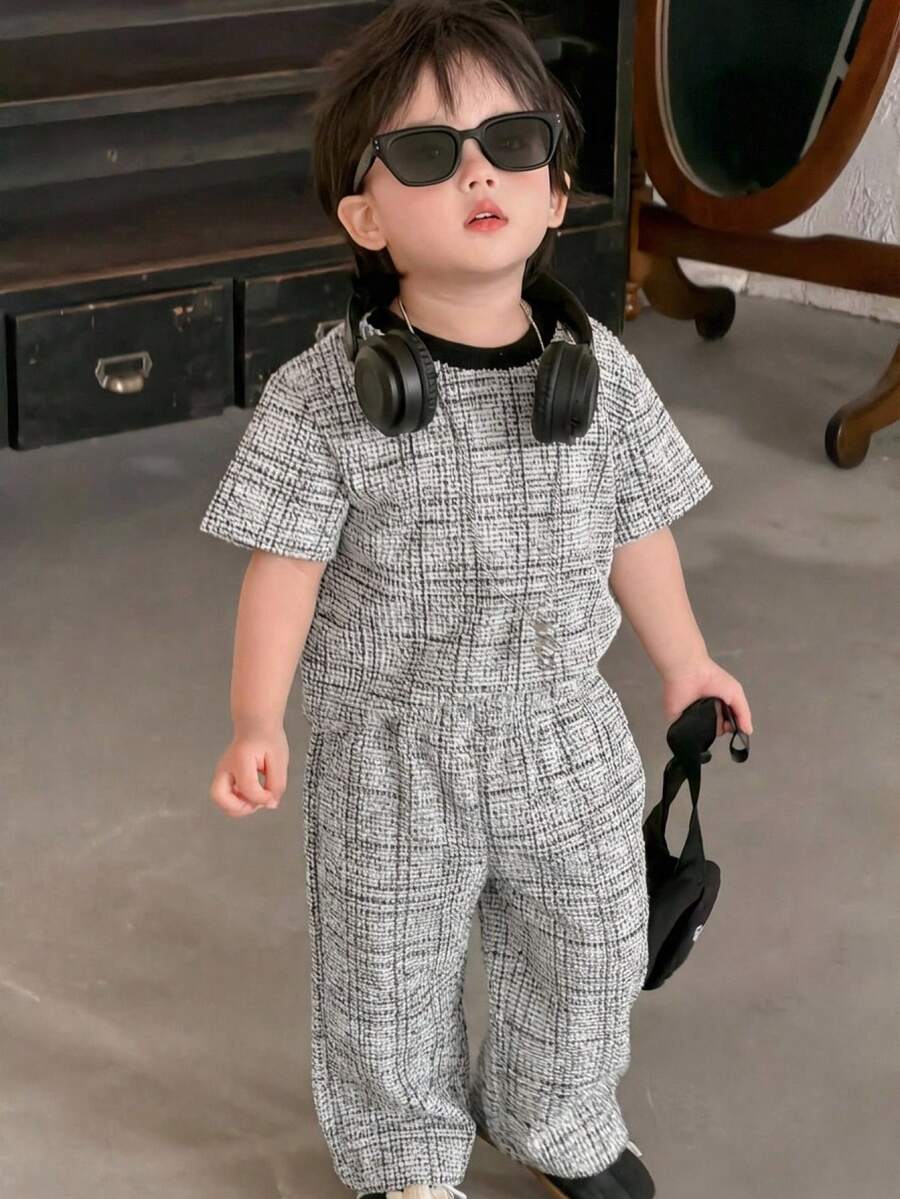 Dazy Kids Bộ áo thun ngắn tay kẻ caro kiểu Hàn Quốc cho bé trai và quần dài. - Xám - Xem 1
