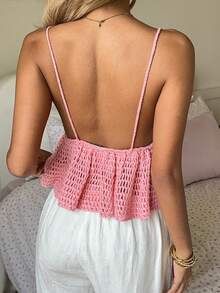 CovetEZ Women's Hollow Out Ruffle Hem Camisole Knit Top For Vacation - Pink - View 5