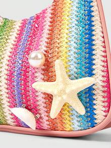 ROMWE Fairycore A Set Of Floral Crocheted Beach Handbags And Accessories, Stylish Personalized Beach Resort Style Shell Lace Lady Messenger Bag - Straw bag rainbow pink - View 5