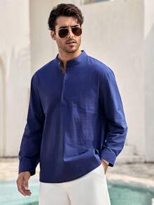 Mercer Haus Men's Vintage Coin Pattern Solid Color Roll-Up Sleeve Mandarin Collar Henley Shirt - Lightweight Breathable, Versatile Casual Style For All Seasons - Navy Blue - View 5