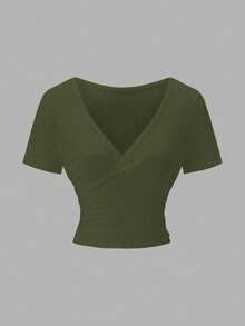 EMERY ROSE Camiseta corta de verano para mujer de unicolor, con escote en V cruzado, manga corta y ajustada, para uso casual y de vacaciones - Verde militar - Ver 3