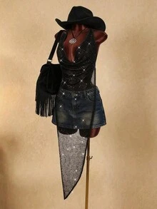 Amplova 2026 Black Sheer Sequin Halter Asymmetrical Music Festival Vest,Summer Top - Black - View 15