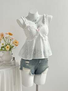 Flirla Camiseta sin mangas casual y dulce con volantes bordados en blanco para mujer, versátil para salidas, citas, adecuada para primavera/verano, temporada de vuelta al colegio - Blanco - Ver 6