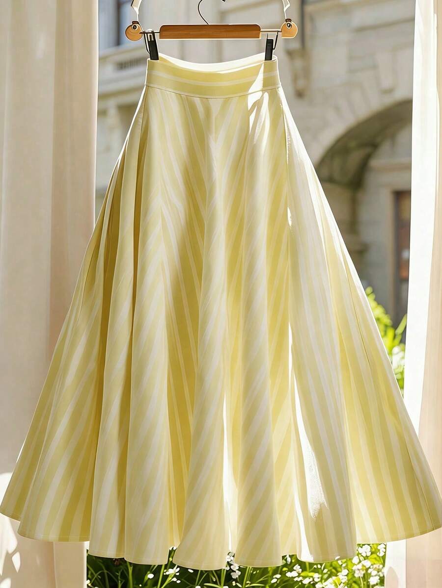 GlowEve Women's Striped High Waist Elegant Office Skirt - Yellow - View 1