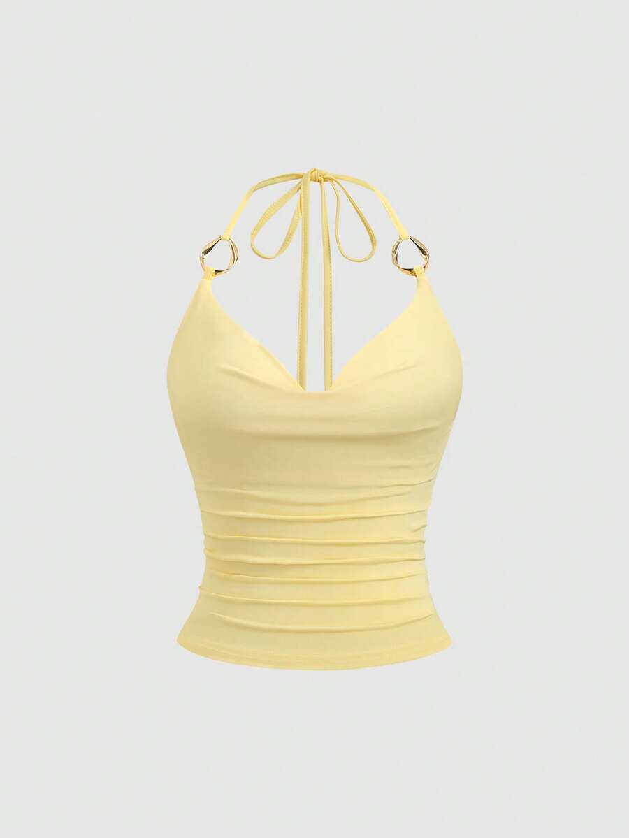 Sweetra Nuevo accesorio de anillo de metal Y2K, correa de cuello versátil con lazo para mujer, camiseta de tirantes - Amarillo - Ver 1