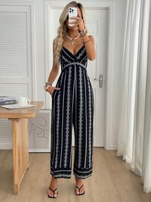 SHEIN LUNE Bộ jumpsuit nữ kiểu dáng thường ngày viền ren, thích hợp cho kỳ nghỉ hè, đi làm, mặc hàng ngày, không tay, có dây đeo. - Đen và trắng - Xem 6