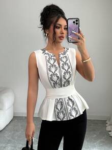 Elenzga 女士新款休闲衬衫，适合夏季度假、狂欢节、海滩等场合，优雅度假装扮，休闲上衣，数码印花系带腰身设计，时尚优雅的V领无袖白色衬衫 - 彩色 - 查看 1