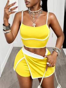 Mistrie Women's Contrast Color Camisole And Shorts Sports Suit - Light Yellow - View 3