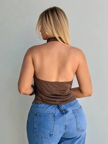 Auralis 大码性感纯色露背吊带上衣，夏季 - 棕色 - 查看 3