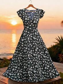 Breezaya Plus Size Women's Summer Romantic Floral V-Neck Dress, Elastic Waist Ruffle Hem Maxi Dress, Suitable For Beach Vacation And Travel Women's Summer Dresses Women's Floral Dress Women Casual Dresses Women Holiday Dress Women's Spring Dress - Navy Blue - View 1