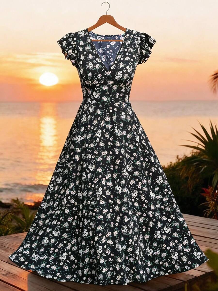 Breezaya Plus Size Women's Summer Romantic Floral V-Neck Dress, Elastic Waist Ruffle Hem Maxi Dress, Suitable For Beach Vacation And Travel Women's Summer Dresses Women's Floral Dress Women Casual Dresses Women Holiday Dress Women's Spring Dress - Navy Blue - View 1