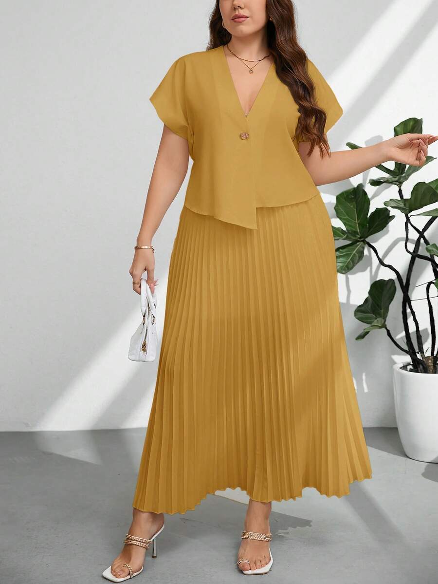 Firerie Plus Size Summer Elegant Solid Color Shirt & Pleated Skirt 2-Piece Set - Yellow - View 1