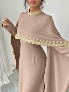 Elenzga Đầm nữ thanh lịch, thời trang, thoải mái, quyến rũ, cổ điển, lãng mạn, thích hợp cho kỳ nghỉ, tay dài, cổ tròn, eo, dáng chữ A, thiết kế vạt chéo, thêu chỉ vàng, họa tiết hoa, màu trơn. - Màu be - Xem 3