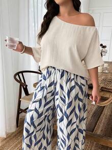 Plus Size Women's 2-Piece Set, Linen-Like Crinkle Texture, Colorful Botanical Print, Asymmetric Loose Casual Commuter Outfit, Spring/Summer - Multicolor - View 3
