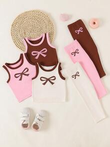 SHEIN Playful Pals 女童春季休闲户外运动罗纹面料爱心印花无袖背心搭配松紧腰宽松舒适长裤两件套 - 彩色 - 查看 3