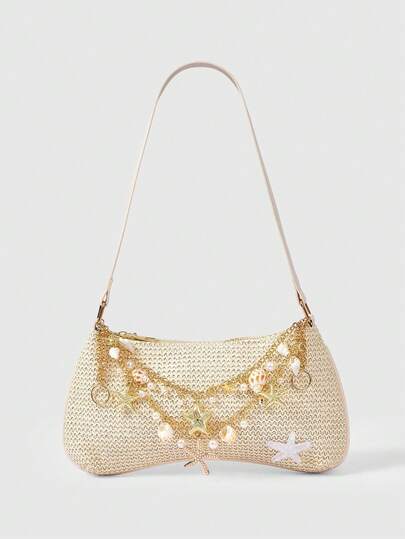 ROMWE Fairycore 1pc Summer Beach Starfish Series Shell & Seashell Woven Shoulder Hand Carry Bag, Beach Bag, Straw Handbag For Women (Charm Color & Style Randomly) , Summer