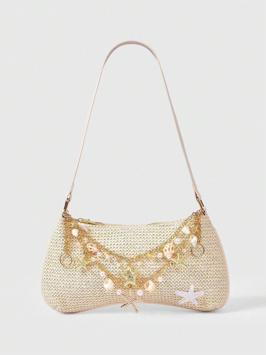 ROMWE Fairycore 1pc Summer Beach Starfish Series Shell & Seashell Woven Shoulder Hand Carry Bag, Beach Bag, Straw Handbag For Women (Charm Color & Style Randomly) , Summer - L - View 1