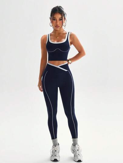 Easithlete 1 Conjunto de Traje Deportivo de Mujer de Color Contrastante, Espalda Descubierta, Cintura Cruzada, Suave y Ajustado, Adecuado para Correr, Fitness, Deportes, Yoga, Entrenamiento