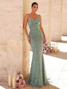 Glamrae Đầm dạ hội sang trọng, thanh lịch, đính cườm, sequin và thêu hoa, chất liệu vải dệt kim co giãn, kiểu dáng đuôi cá gợi cảm, thích hợp cho đám cưới, tiệc tùng, dạ hội và các sự kiện trang trọng. - Màu xanh Bạc hà - Xem 8