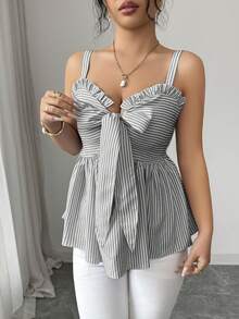 Qadelle Áo camisole nữ mùa xuân/hè mới, thiết kế thời trang với dây buộc, điểm nhấn nơ, sọc xanh trắng, ôm eo, gợi cảm và tôn dáng, đa năng cho cả mặc hàng ngày và hẹn hò. - màu đen - Xem 6