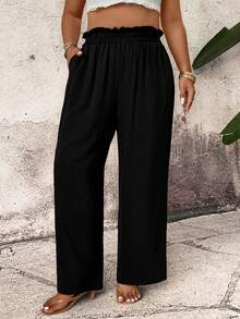 EMERY ROSE Women Summer Plus Size Side Pocket Wide Leg Pants,Black Smart Casual Holiday Loose Trousers,Suitable For Spring,Sommar And Autumn Business Fall - Black - View 6