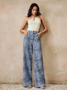 Anewsta Pantalones vaqueros de estilo de vacaciones de tela jacquard para mujer en color azul - Azul - Ver 2