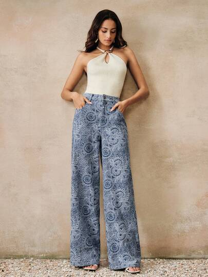 Anewsta Quần jean xanh dương kiểu dáng nghỉ mát, chất liệu vải jacquard, thời trang nữ.