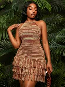 SHEIN SXY Brown Summer Boho Holiday Night Women's Multi-Colored High-Elastic Knit Halter Neck Backless Fitted Dress With Tassels,Short Bohemian Beach Outfits - Multicolor - View 6