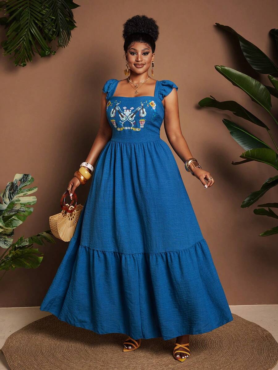 Maweii Floral Print Cap Sleeve Square Neck Dress - Blue - View 1
