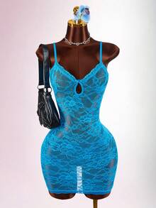 Amplova Y2K Blue Low-Cut Lace Sexy Sheer Mini Dress For Women Y2k Dresses Women's Summer Outfits Club Outfits For Women Dress Turquoise,Summer Dresses For Women - Blue - View 1