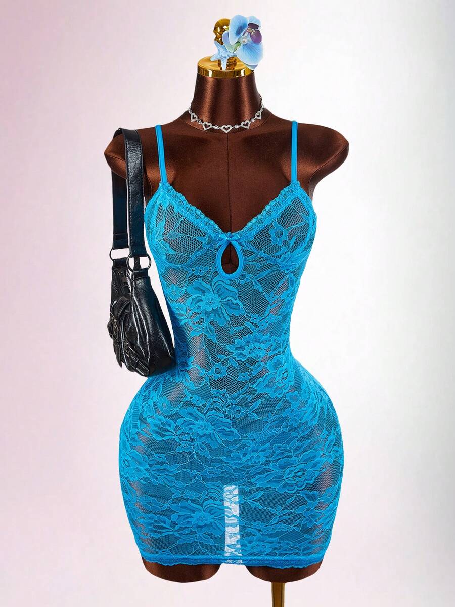 Amplova Y2K Blue Low-Cut Lace Sexy Sheer Mini Dress For Women Y2k Dresses Women's Summer Outfits Club Outfits For Women Dress Turquoise,Summer Dresses For Women - Blue - View 1
