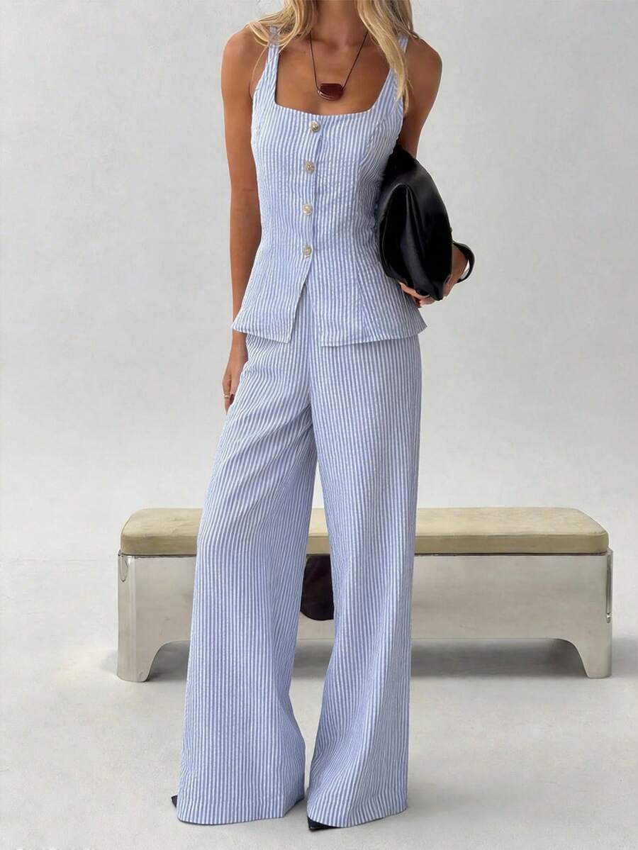 Siren Gaze 女士夏季休闲条纹背心和裤子两件套 - 藍白色 - 查看 1