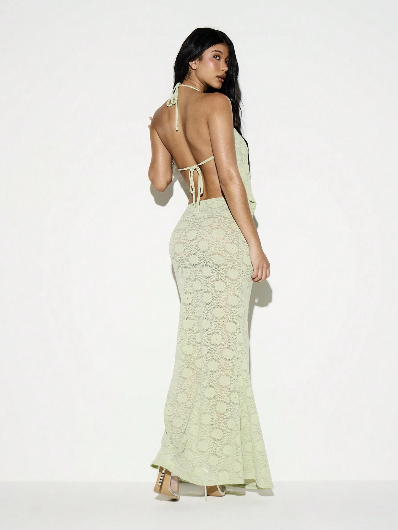 KIZN Sage Lace Halter Cowl Neck Maxi Dress